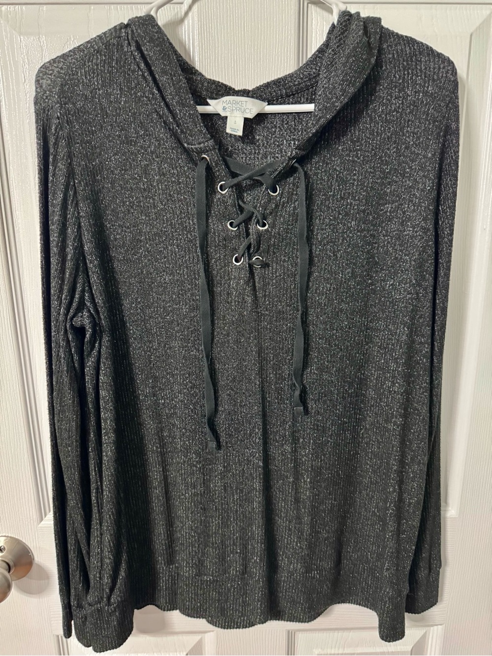 Market & Spruce Black Lace-Up Hoodie with Subtle Metallic Thread